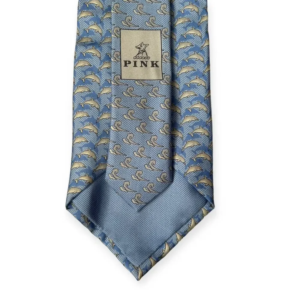 Thomas Pink Blue Dolphin Marine Print Silk Tie 100% Silk Designer Necktie
